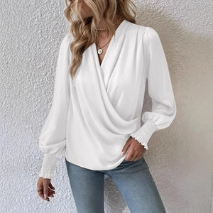 Elegant white V-neck long sleeve blouse with puff lantern sleeves for professional office wear