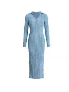 Elegant light blue ribbed knit midi dress with long sleeves and polo collar neckline