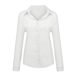 Detail view of the linen texture, white collar, and size M label on women's long sleeve shirt