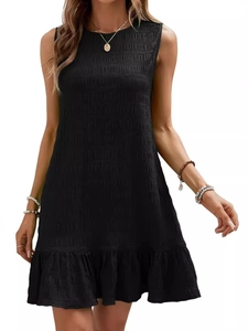 Robe Été Femme Sans Manches Col Rond Smokée Ligne A Mode Ourlet À Volants Texture Robe Décontractée Courte Mini Robe Couleur Unie