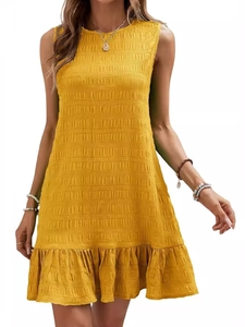 Robe sans manches plissée jaune vif avec col rond et ourlet à volants élégant