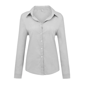Detailed close-up of light gray cotton linen shirt with classic buttons and size M tag