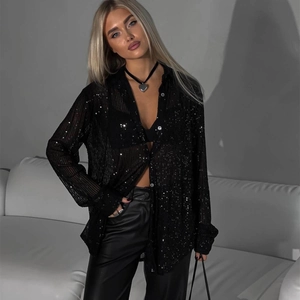 Chemise noire scintillante à sequins et manches longues avec col à revers femme