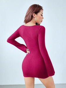 Sexy slim fit rose red knitted long sleeve mini dress for party and clubwear