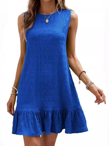 Robe sans manches bleu marine pour femme avec col rond et ourlet à volants plissés chic