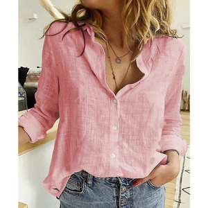 Women's casual loose long sleeve linen shirt in pink featuring button-down front design