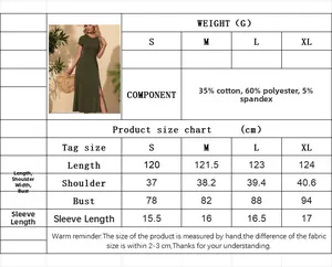 Size chart for women short sleeve midi dress with material and measurement details