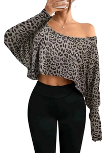 Detail of off-shoulder leopard print crop top with long sleeves in ice-cool fabric