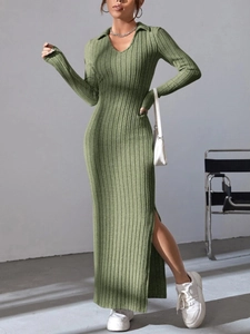 Elegant olive green ribbed knit long sleeve maxi dress with v-neck and side slit