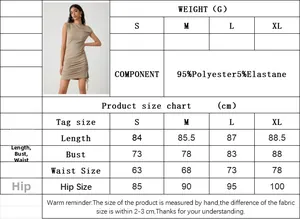 Detailed size chart for the khaki sleeveless ruched mini dress with fabric composition
