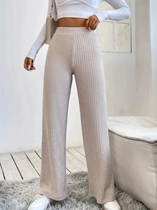 Women's Casual Ribbed Knit Wide Leg Pants High Waist Elastic Waist Straight Long Pants Solid Color Relaxed Trousers