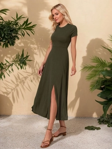 Army green round neck short sleeve maxi dress with side slit for summer casual vacation