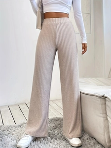 Women's high waist ribbed wide leg pants in beige, minimalist casual straight trousers