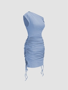 Detail of light blue one-shoulder ruched dress with vertical knit texture and drawstrings