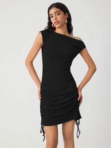 Detail of black knit dress showing the asymmetric shoulder and side drawstring ruched texture