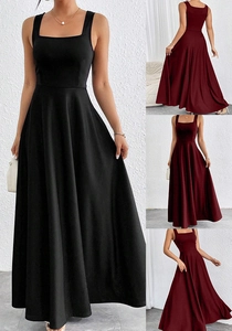 Detail view of square neck sleeveless maxi dress in black and burgundy colors