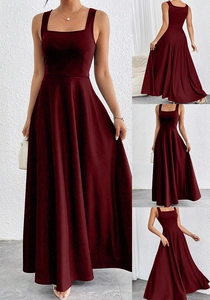 Detail view of burgundy square neck maxi dress showing front side and back views