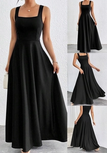 Detail view of a black square neck maxi dress with wide shoulder straps and A-line silhouette