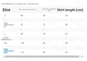 Detailed size chart for black mini dress with bust, waist and length measurements in cm