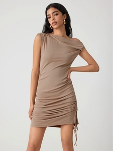Close-up of mocha ribbed knit fabric featuring adjustable side drawstring ruching detail