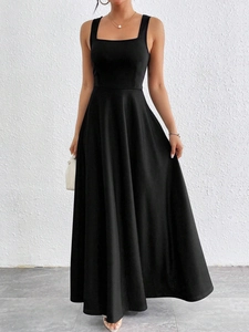 Elegant sleeveless black square neck maxi dress for women in a loose A-line silhouette