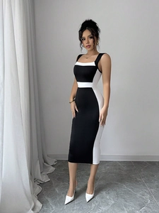 Détails de la robe moulante avec empiècement blanc contrastant et décolleté carré élégant
