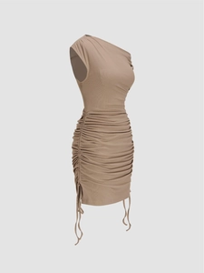 Detail of coffee knit mini dress featuring asymmetric one-shoulder and drawstring ruching