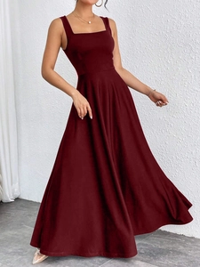 Detail view of burgundy square neck sleeveless maxi dress with an elegant flared A-line skirt
