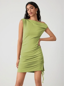 Detail of avocado green knit mini dress with draped cowl neck and side drawstring ruching