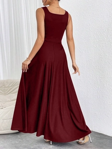 Elegant wine red backless maxi dress with square neckline and flowing A-line silhouette