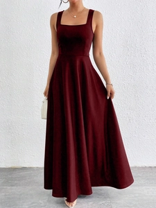 Elegant burgundy sleeveless maxi dress with square neck and high-waisted A-line silhouette
