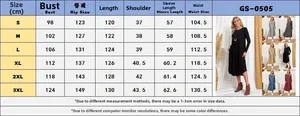 Detailed size chart for long sleeve knit dress showing bust, hip, and length measurements