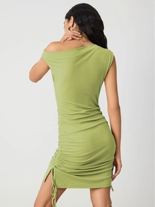Slim fit green ribbed knit mini dress with one-shoulder design and side drawstring detail