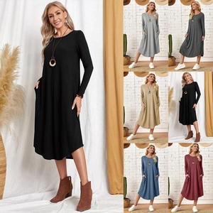 Women Casual Solid Knit Long Sleeve Midi Dress With Side Pockets Round Neck Loose Fit A-Line Long Cotton Dress For Autumn Winter