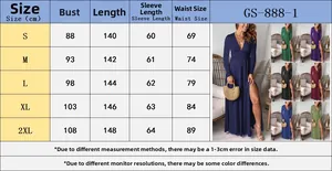 Tableau des tailles pour robe à manches longues et col en V profond, mesures de la taille S à 2XL