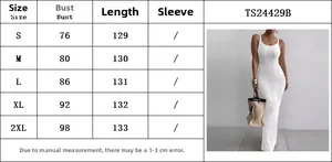 Size chart for white sleeveless bodycon maxi dress with rib knit texture and measurements