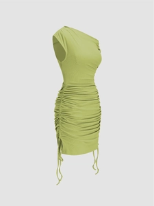 Detail view of the side drawstring ruching on this knitted light green one-shoulder dress