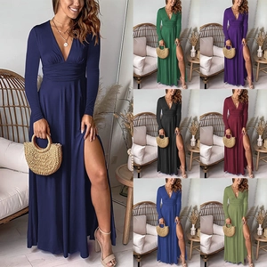 Robe Maxi pour Femme Col en V Profond Manches Longues Élégante Plissée Taille Haute Fente Latérale Couleur Unie Soirée Fête Club Robe Longue