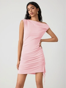 Detail of pink ruched sleeveless mini dress with asymmetrical neckline and side drawstring