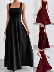 Women Elegant Square Neck Sleeveless Maxi Dress Solid Color A-Line Big Swing Loose Waist Party Evening Long Dress
