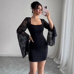 Detail of square neck bodycon dress with lace flare sleeves and slimming fit