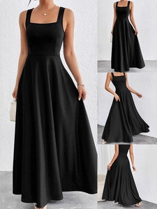 Elegant black square neck sleeveless maxi dress with flared skirt and slim waistline