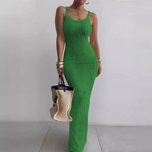 Slim fit bright green sleeveless knit maxi dress featuring textured wave patterns for women