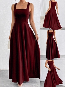 Elegant sleeveless square neck maxi dress in deep burgundy with a flowing A-line silhouette