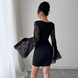 Detailed back view of bodycon dress with lace flare sleeves and deep U-shaped neckline