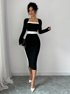 Detail of color block midi dress featuring contrast white piping and a bodycon fit silhouette