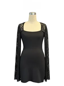 Close-up of elegant black dress with square neckline and intricate lace bell sleeves details