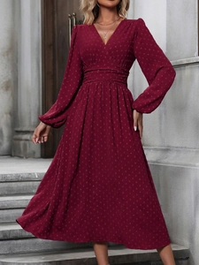 Elegant wine red V-neck dress with lantern sleeves and pleated waist detail