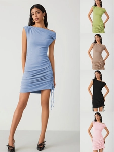 Women's Sexy Ruched One Shoulder Bodycon Mini Dress Ribbed Knit Drawstring Asymmetric Sleeveless Summer Clubwear Dress