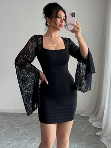 Women Sexy Square Neck Lace Patchwork Flare Sleeve Bodycon Mini Dress Elegant Solid Color Knitted Fall Party Dress For Women